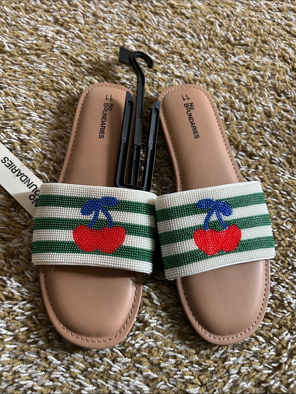 No Boundaries Tan Slide Sandals with Green Stripes and Red Cherry Embroidery